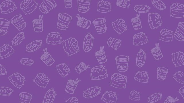 Seamless looping animation of hand drawn coffee cups and dessert doodles on purple background. Playful cafe pattern motion graphic ideal for food videos, branding, menus, and social media content.