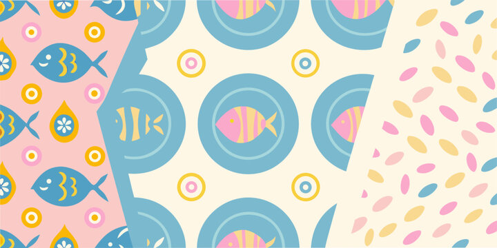 Playful pattern featuring stylized fish circles and floral elements