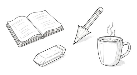 Obraz premium Open Book, Eraser, Pencil, and Hot Coffee Cup: Study and Work Essentials