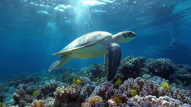 Sea turtle gliding calmly underwater in side view, slow and peaceful swimming motion