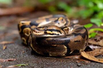 Fototapeta premium Python Resting on Damp Ground in a Lush Forest Environment