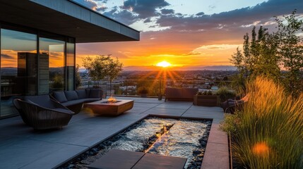 Fototapeta premium Luxurious Outdoor Living with Sunset Views and Modern Design Elements
