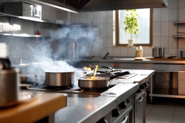 Small Kitchen Fire with Residual Smoke in Modern Restaurant Setting