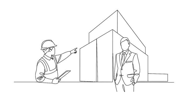 Line drawing of a construction worker pointing at a building with a businessman standing nearby Vector, illustration