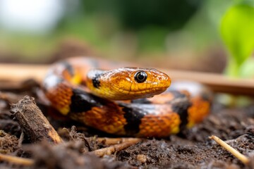 Colorful Snake Coiled on Muddy Terrain Amidst Natural Swamp Environment