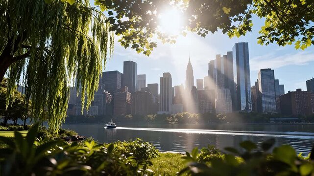 Green trees and calm lake with modern city skyline in sunny background