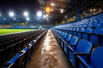 Obraz premium Empty Stadium Stands After Match Night with Wet Seats and Ground