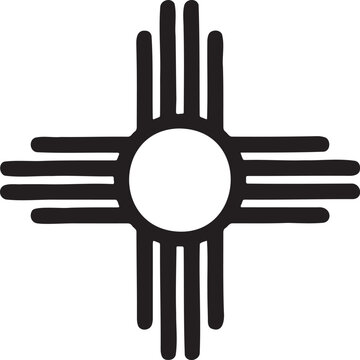 Black vector Zia symbol with a central white circle and four groups of three radiating lines, isolated on a transparent background.