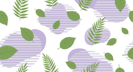 Modern seamless pattern background featuring green deciduous and palm leaves over abstract purple shapes and striped fields on a white base.