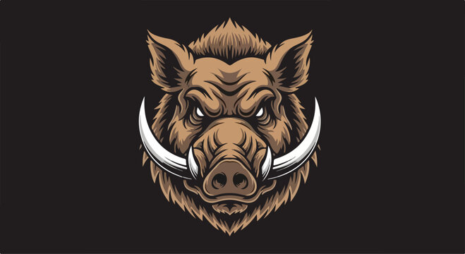 A close-up illustration of a fierce boar's head with sharp tusks against a solid black background