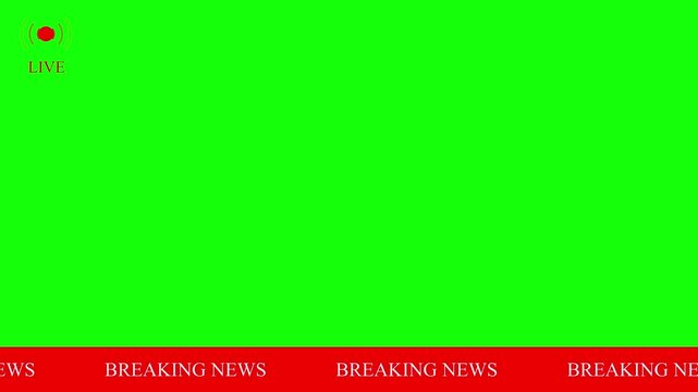 Breaking news ticker scrolling on red bar with live broadcast icon over green background