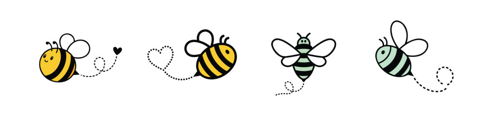 Hand Drawn Bees Flying with Hearts and Flowers