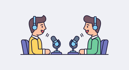 Cheerful male podcasters actively recording a lively audio discussion in a modern studio, creating engaging digital content with microphones and headphones for broadcasting