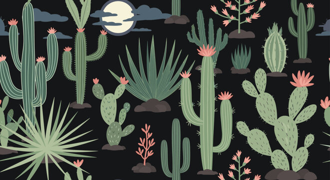 Seamless pattern of various blooming cacti and succulents under a full moon in a dark desert landscape at night.