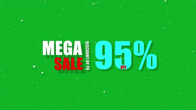 Marketing banner showing mega sale announcement with up to 95% off deal. featuring bold text on a bright green background, designed for sales and discounts. Mega Sale 95 Percent Off Tag.