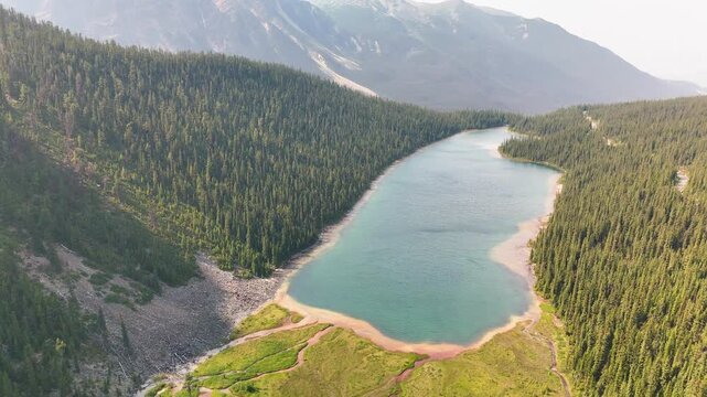 Scenic summer aerial panorama of Cavell Lake Trail and surrounding Rockies in Jasper
