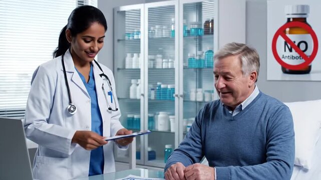 Female doctor consults senior patient in modern medical office
