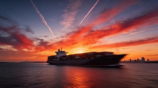 Cargo ship sailing at sea with sunset sky and city skyline
