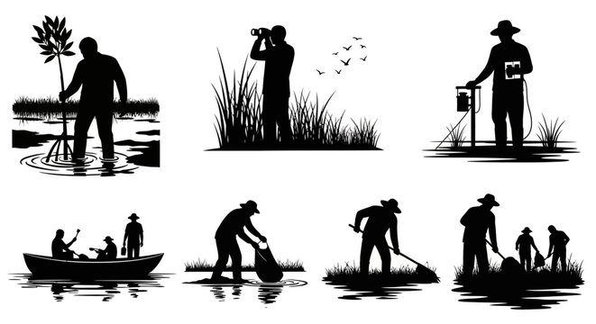 Set of silhouettes depicting people engaging in various environmental conservation and outdoor activities, including planting, observing, and cleaning.