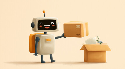 Fototapeta premium Robot's Delivery Delight: A friendly robot expertly handles packages, embodying the efficiency and ease of modern delivery services.