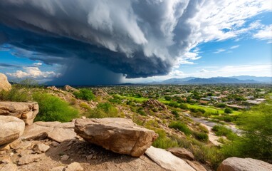 Fototapeta premium Dark Storm Clouds Over Desert Landscape Impacting Outdoor Recreation Areas