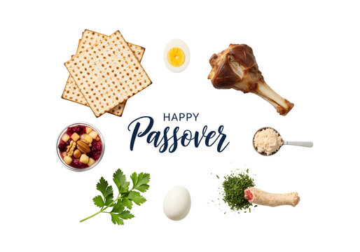 Traditional passover seder elements including matzah and lamb shank isolated on transparent background