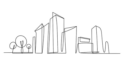 Continuous line drawing of a modern city skyline with tall buildings and trees on a white background. Vector, illustration © Ratna Art_Gallery