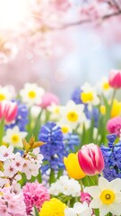 Colorful spring flowers in full bloom with sunlight and copy space