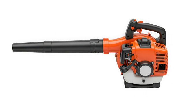 Orange leaf blower with black tube and handle gardening tool equipment transparent background