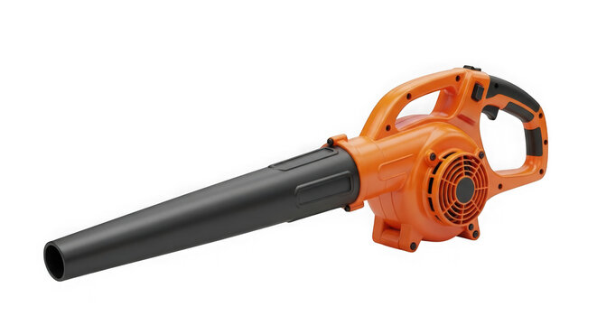 Orange leaf blower with black tube and handle on white background transparent background