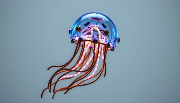 An octopus shaped object that has been creatively modified with a blue, glassy body resembling a submerged jellyfish, floating on the surface of the water