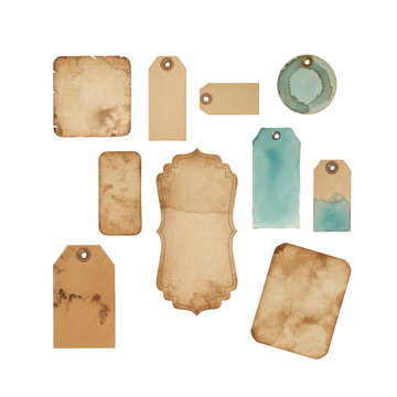 Colecci&oacute;n de etiquetas de papel vintage, etiquetas de regalo r&uacute;sticas con textura de acuarela, conjunto de etiquetas de precio y nombre antiguas, elementos de dise&ntilde;o gr&aacute;fico PNG