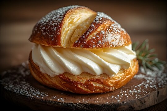 maritozzi (italian cream pastry) on a wooden boad