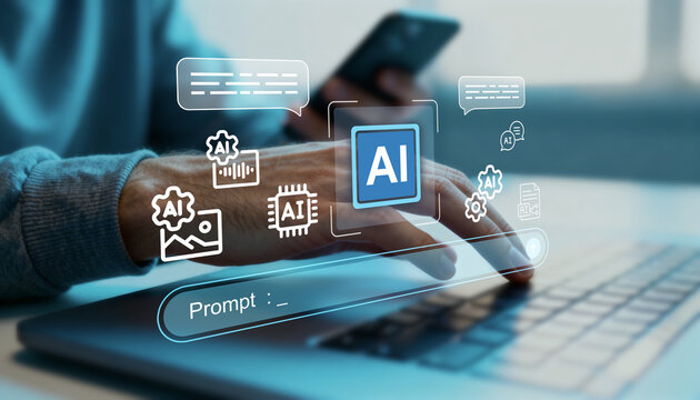 Man typing command in AI prompt bar on laptop. Multimodal artificial intelligence interface for generating image, code, audio, and text content.