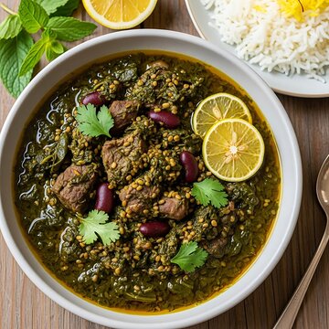 Traditional Persian Ghormeh Sabzi herb stew with lamb and kidney beans served with rice and lemon.
