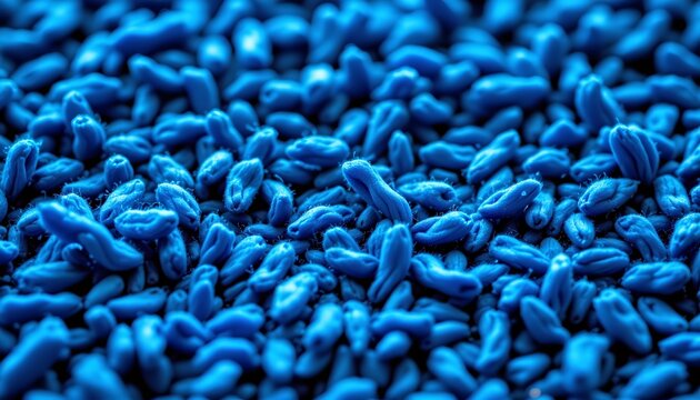 A close up view of a large quantity of small blue objects that resemble seeds or grains against a contrasting background.