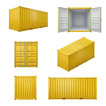 Contenedores de carga amarillos, conjunto de seis contenedores de env&iacute;o de metal, transporte mar&iacute;timo y log&iacute;stica global, almacenamiento industrial de mercanc&iacute;as