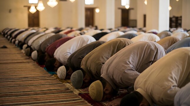 Muslim worshippers performing sujud in congregation inside mosque, capturing Islamic prayer ritual, unity in faith, spiritual devotion, and communal religious practice during salah.