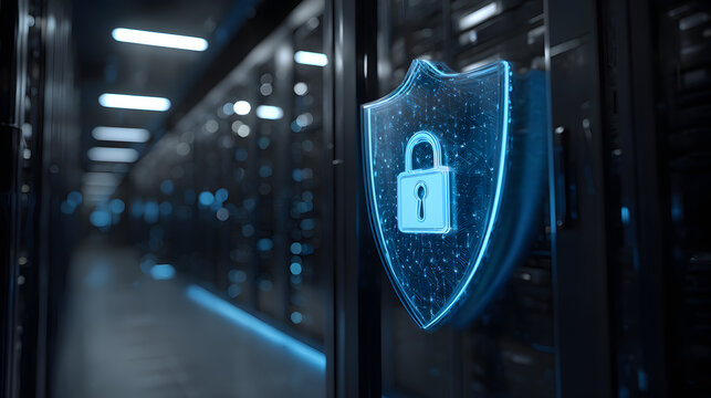 Glowing Blue Digital Shield Safeguarding Data in a Secure Server Environment with High-Tech Aesthetic