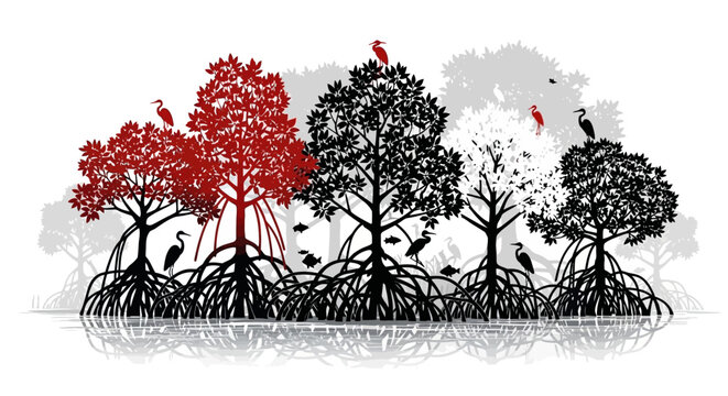 Stylized illustration of mangrove trees with birds and fish, reflecting on water, showcasing a unique ecosystem.