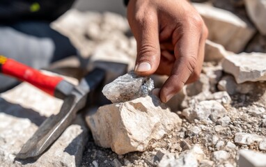 Geologist Uncovering Rare Mineral in Mountain Landscape during Excavation