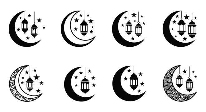Ramadan crescent moons with lanterns a decorative islamic symbol set