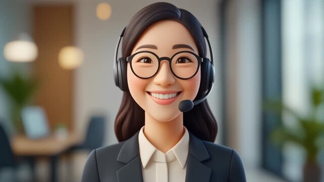 3D Animated Woman Customer Service Representative Smiling with Headset and Glasses