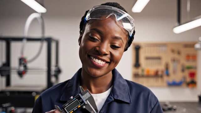 Smiling Black woman in safety goggles holds caliper in workshop
