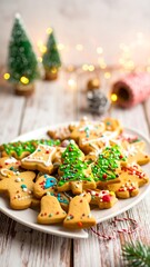 Obraz premium Festive gingerbread cookies on a plate, decorated with icing and sprinkles, with Christmas trees and lights in the background