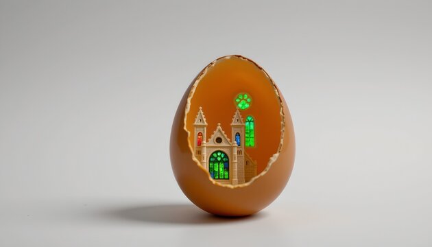 An egg that has been creatively altered to resemble a castle with windows and a door. This egg appears to be cracked open, revealing a miniature castle interior within it