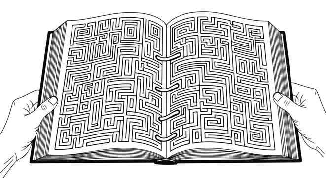 Hands holding an open book with a complex labyrinth maze illustration on its pages, symbolizing challenge, problem-solving, and the journey of knowledge.