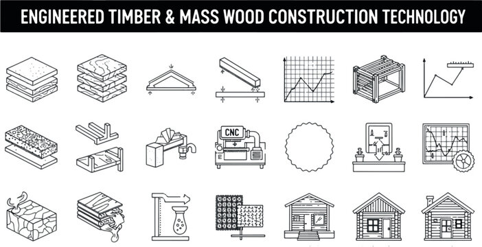 Vector Set of Engineered Timber Icons, Mass Wood Construction Technology Symbols and Sustainable Building Elements for Modern Architecture