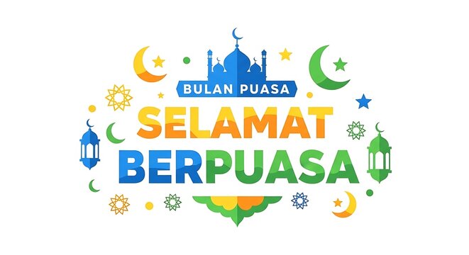 Ramadan greeting card with mosque and lanterns.