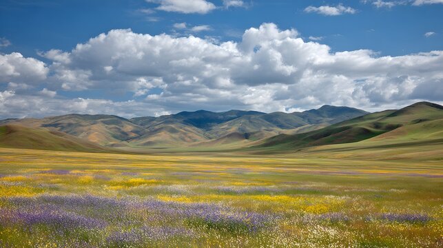 Vast expanse of Carrizo Plain National Monument with vibrant wildflowers under a cloudy sky.